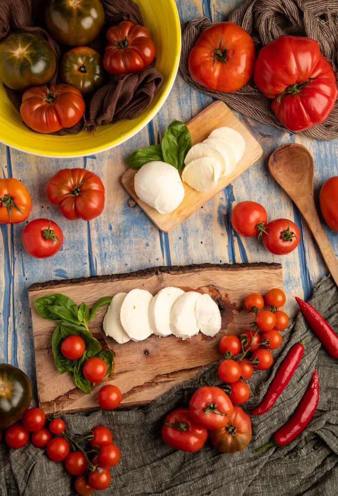 Salad ingredients on board and napkin
