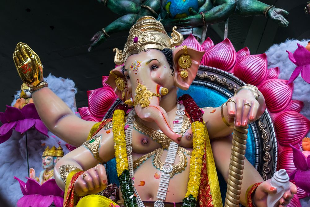 A beautiful idol of Lord Ganpati being displayed in a procession called Aagman Sohala in Mumbai, India for the festival of Ganesh Chaturthi