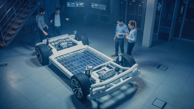 Team of Automotive Engineers Working on Electric Car Chassis Platform, Taking Measures, working with 3D CAD Software