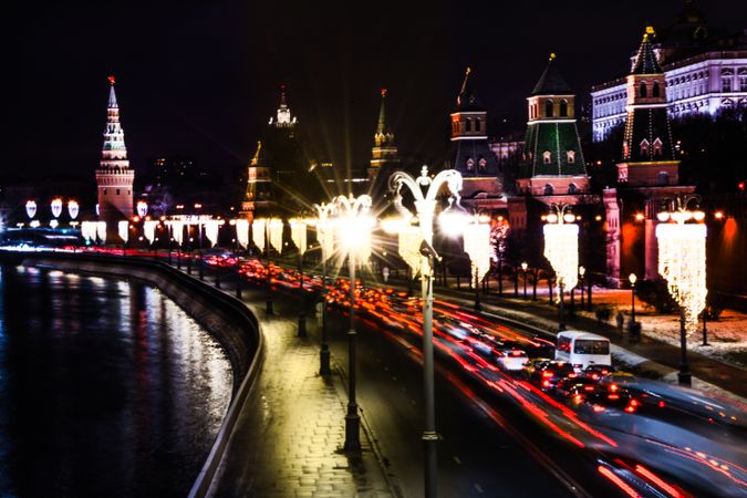Long exposure of city lights at night in Moscow, Russia