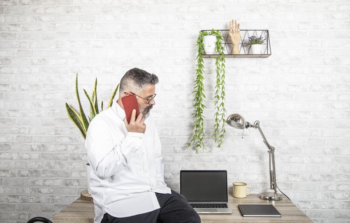 Side view of middle aged man talking on the phone and working in office