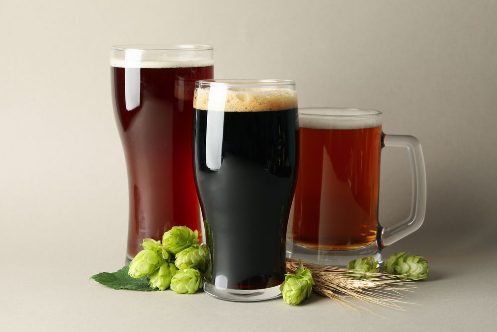 Beer and green hop on gray background