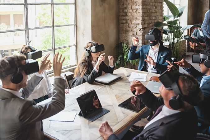 Businesspeople meets in metaverse with VR 360 goggles