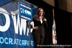 Cedar Rapids, IA, USA - June 9 2019: Kamala Harris smiling with microphone at Iowa Democrats event 48J9Y0