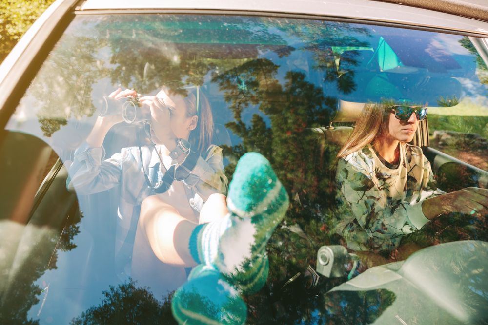 Woman looking through the binoculars and friend driving