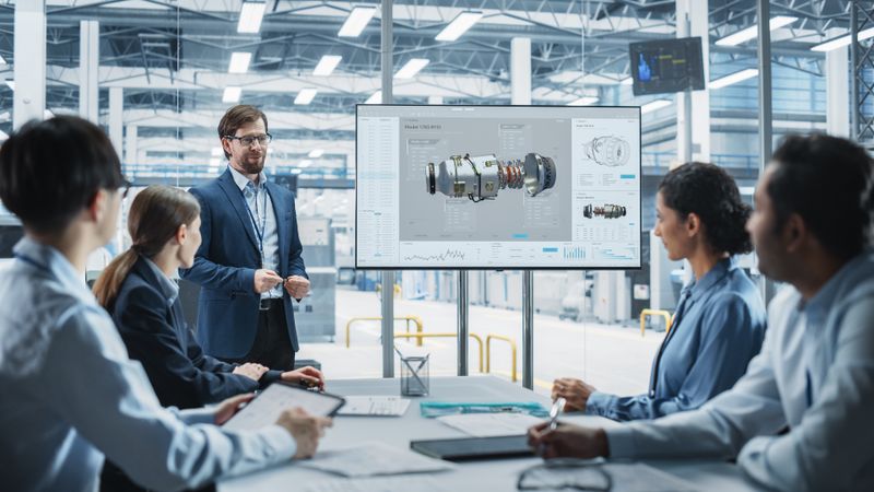 Electronics Factory Office Meeting: White Male Project Manager Presenting Innovative Jet Engine On TV.