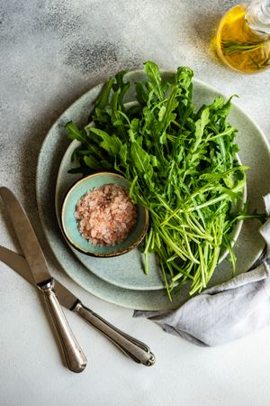 Looking down at plate with bunch of arugula and pink salt served with olive oil dressing