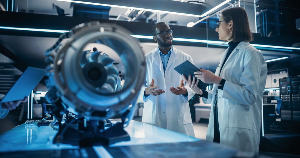 Portrait of a Young Team of Multicultural Engineers with Tablet and Laptop Computers, Analyze and Discuss How a Electric Turbine Motor Works.