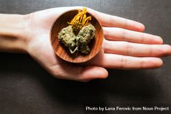 Hand holding a wooden container full of dried marijuana bGPyl0