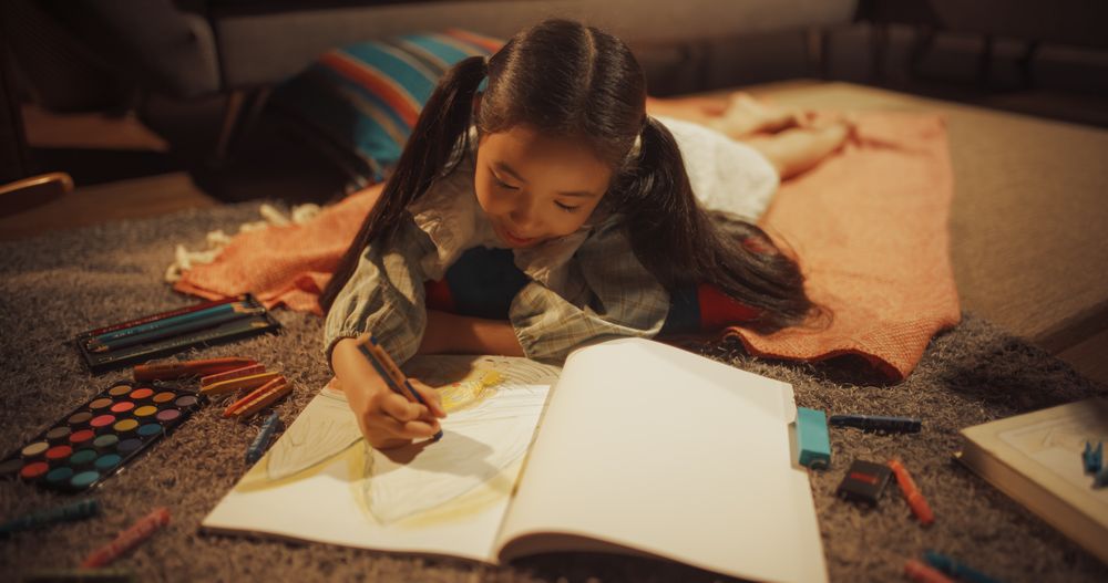 Talented Korean Child Being Creative, Coloring Picture, Preparing to Become Famous Artist
