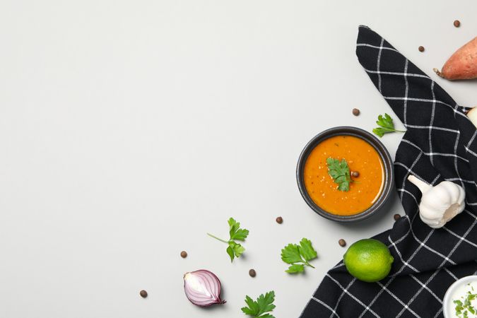 Concept of tasty food, sweet potato puree, space for text