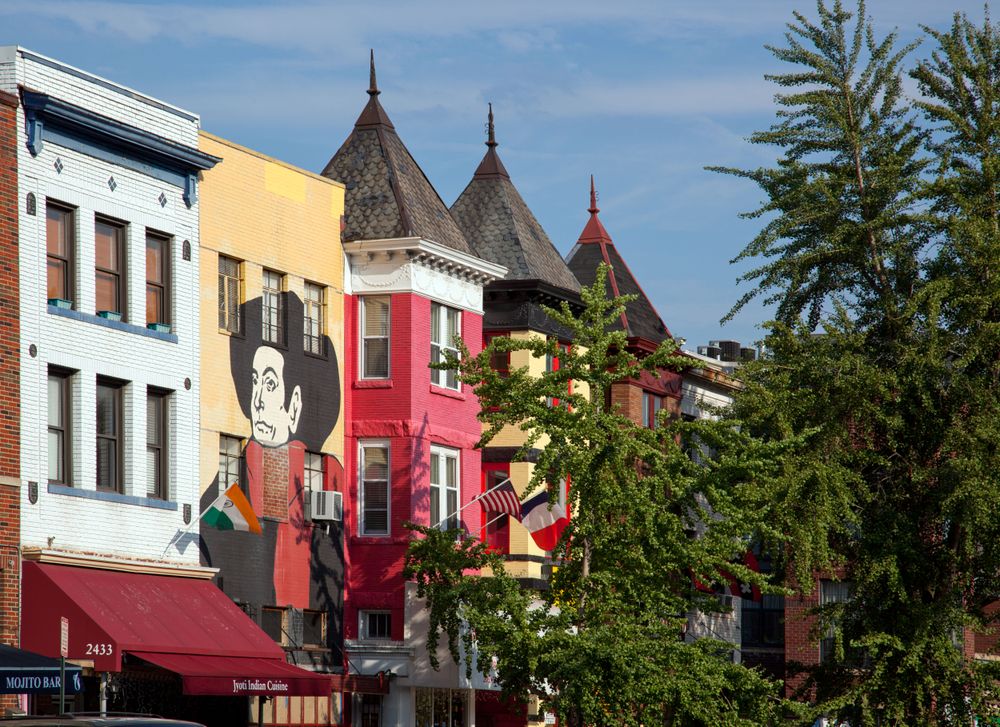 Colorful facades of restaurants and bars in Adams Morgan area of Washington, D.C.