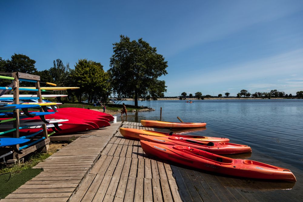 Bright-red kayaks at Brittingham Park's beach in Madison, Wisconsin