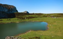 Valley with lake between mountains