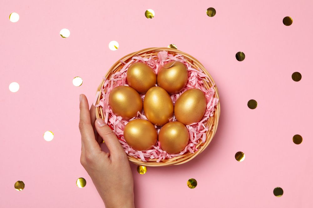 Pension rewards, returns and investment funding concepts, golden eggs