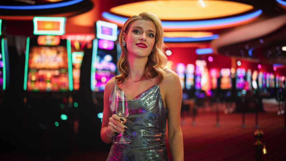 Woman Posing In Prestige Casino Next To Baccarat Table.