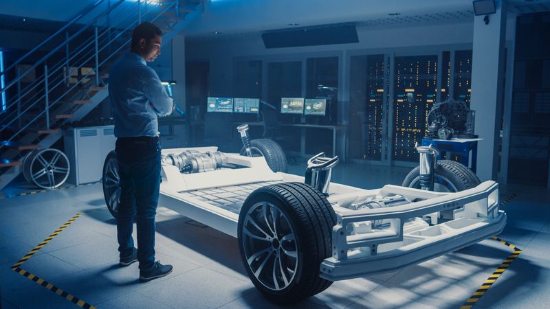 Automobile Design Engineer in Automotive Innovation Facility and Working on Electric Car Platform Chassis Prototype that Includes Wheels, Suspension, Hybrid Engine and Battery.