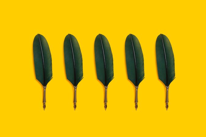 Green quill pens on yellow background