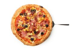 Tasty pizza with meat isolated on neutral background