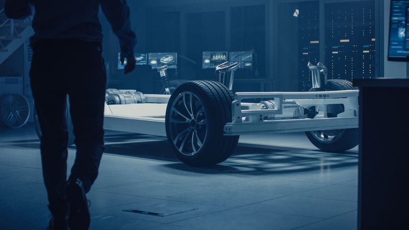 Automobile Engineer Enter Automotive Innovation Facility to Work on Electric Car Chassis Platform, Using Augmented Reality