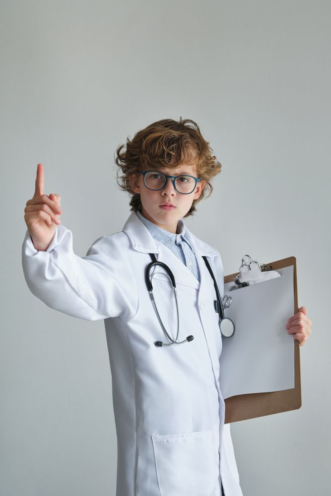 Serious boy in medical uniform with finger up