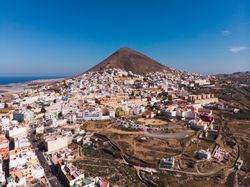 Landscape of town on coast of island