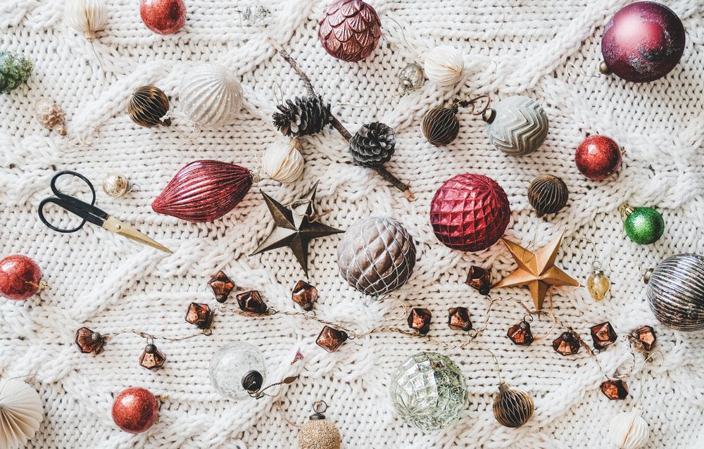 Flat-lay of holiday decorations, top view