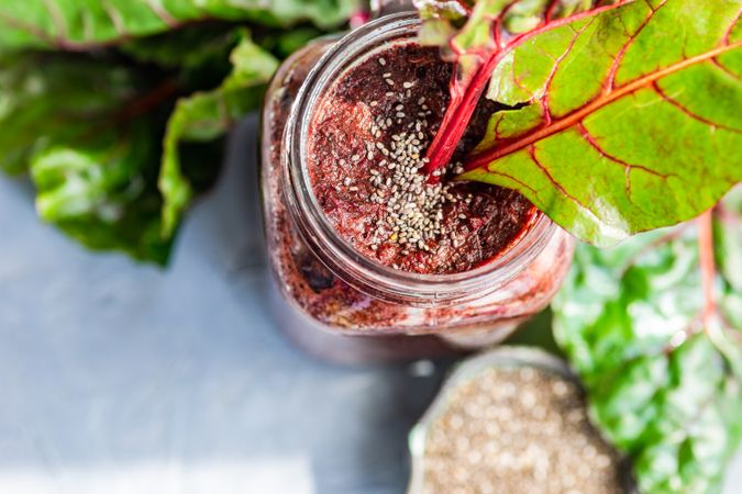 Top view of beet smoothie with chia seeds