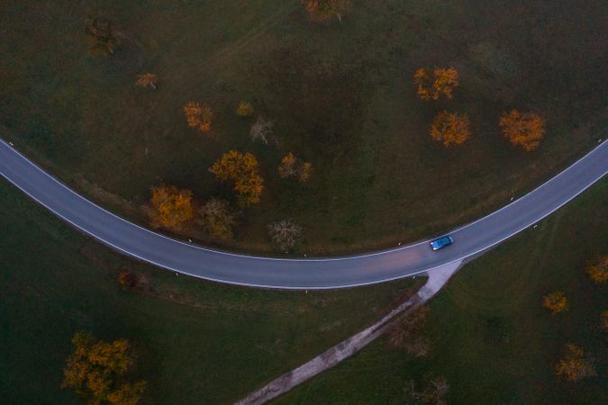 Drone shot with a road crossing an autumn orchard on a cold morning in October