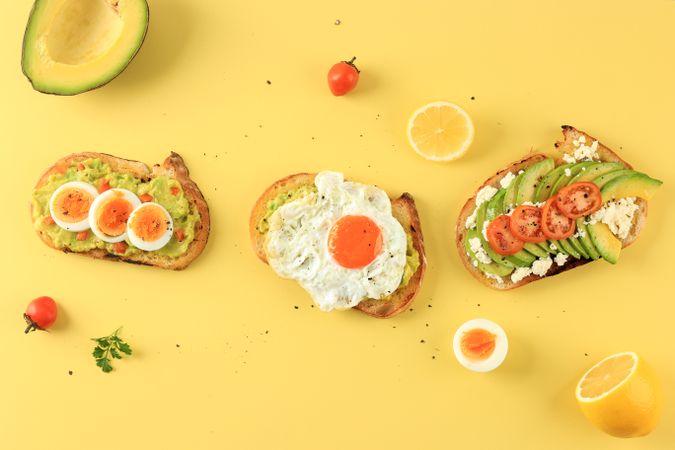 Three Style Avocado Toast on Yellow Background
