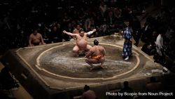 Two sumo fighter crouching in the arena 4BrQ34