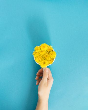 Hand holding mug with yellow flowers in water