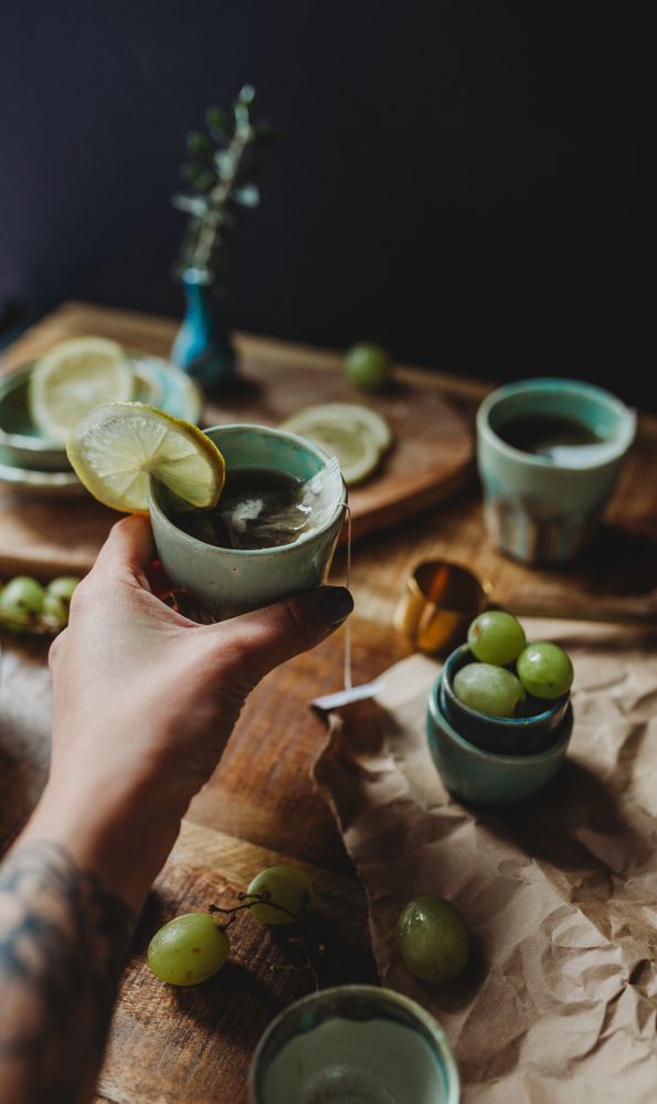 Arrangement of ceramic utensil on wood table