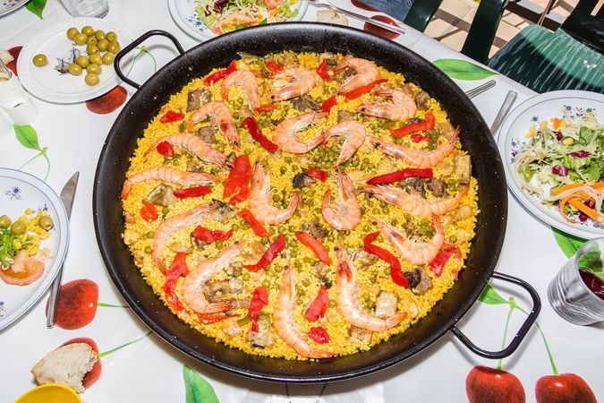 Traditional spanish paella cooked in a pan