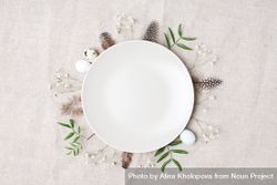 Plate on beige background with leaves, quail eggs and bird feathers 0WzNjb