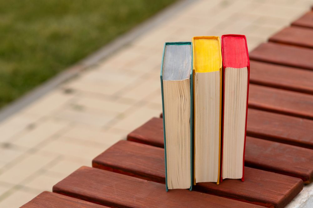 Three hardcover books vertically placed on wooden park bench.