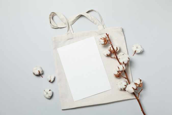 Cotton,bag and empty sheet on light gray background, space for text