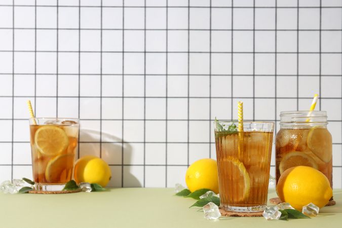 Cold tea with fresh oranges and mint leaves