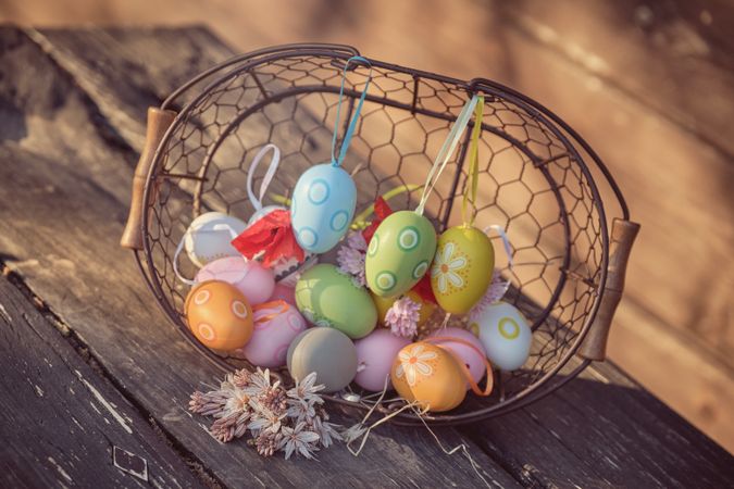 Colorful Easter eggs in basket