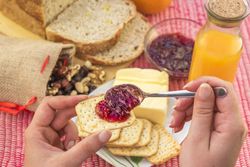Crackers with jam served as breakfast