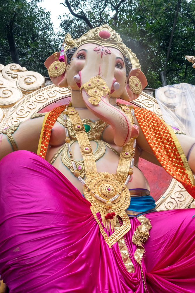 A beautiful idol of Lord Ganpati being displayed in a procession called Aagman Sohala in Mumbai, India for the festival of Ganesh Chaturthi