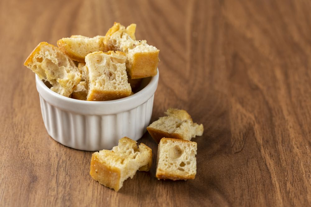 Delicious crunchy croutons on the table.