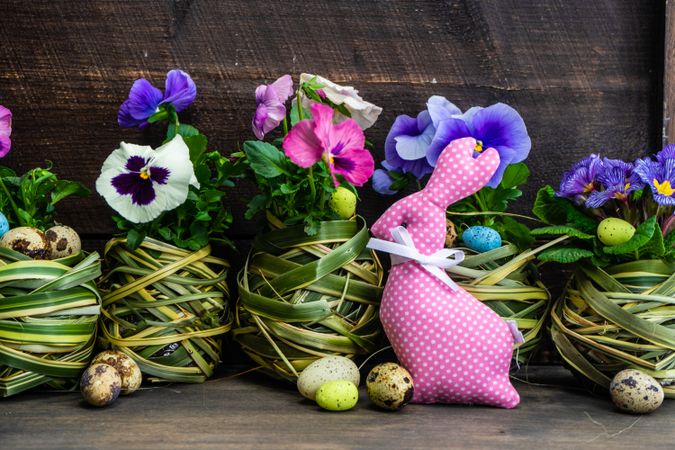 Easter holiday card with pots of pink &  purple flowers and decorative eggs and pink rabbit