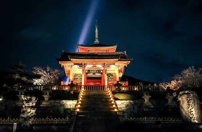 Exterior view of Kiyomizu-dera temple during nighttime
