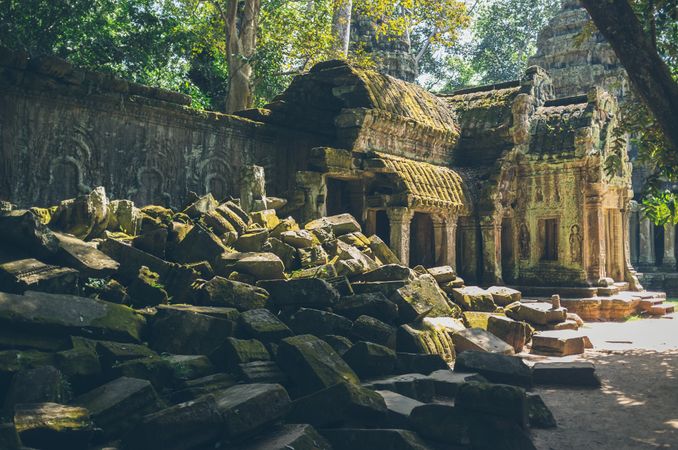 Heap of stones in yard of old temple