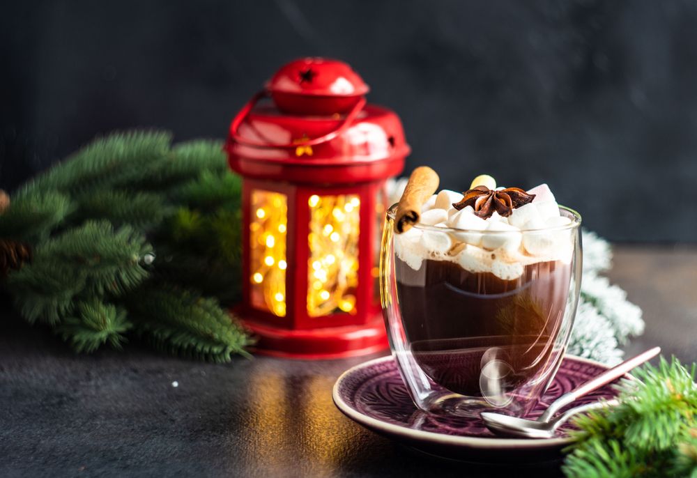 Marshmallow hot chocolate on table with red lantern