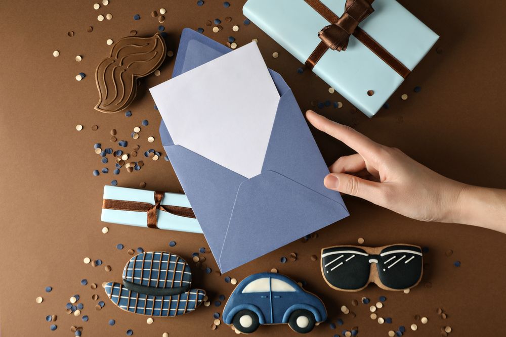 Father's day concept, gifts and greetings, on a brown background.