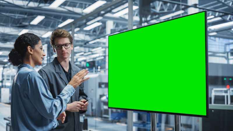 Male and female colleagues designing from green screen