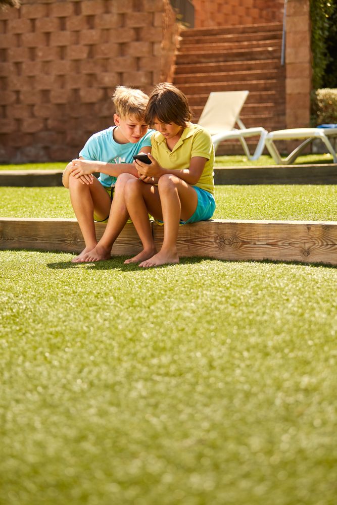 Cheerful boys browsing smartphone sitting on garden