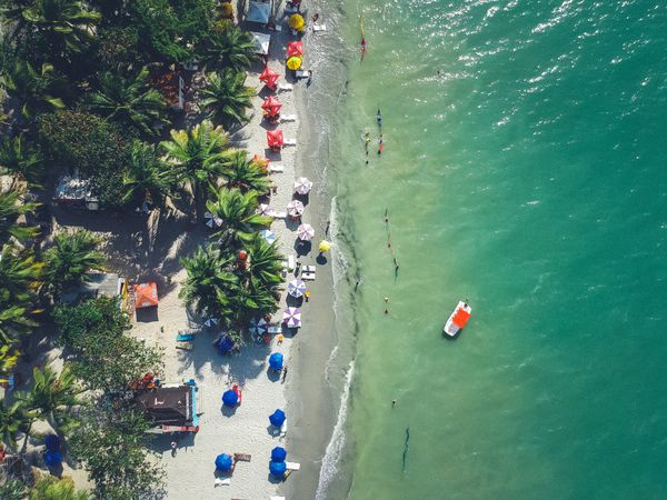 Top view of beach with parasols in Brazil